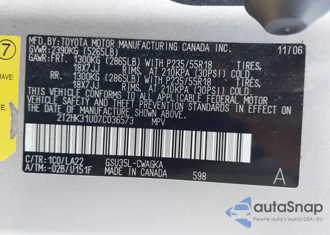 2007 Lexus Rx 350 из США, поврежденный, VIN 2T2HK31U07C036573